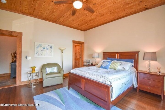 bedroom with wood ceiling, ceiling fan, and dark hardwood / wood-style floors