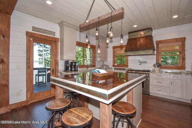 kitchen featuring white cabinetry, high end stove, dark hardwood / wood-style flooring, and custom exhaust hood