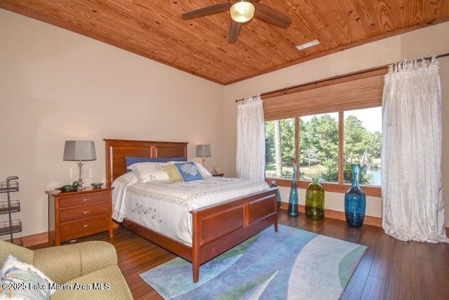 bedroom with ceiling fan, dark hardwood / wood-style flooring, vaulted ceiling, and wooden ceiling