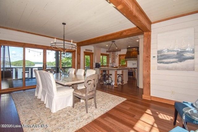 dining room featuring wooden walls, dark hardwood / wood-style flooring, a notable chandelier, wood ceiling, and beam ceiling