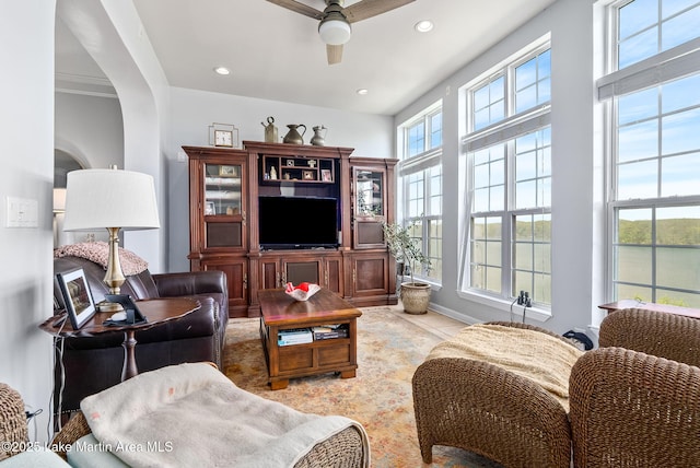 876 Ridge Rd, Dadeville, AL 36853 - living room with ceiling fan, recessed lighting, arched walkways, and tile patterned floors