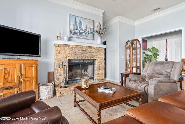 876 Ridge Rd, Dadeville, AL 36853 - living area with ornamental molding, a stone fireplace, and tile patterned flooring
