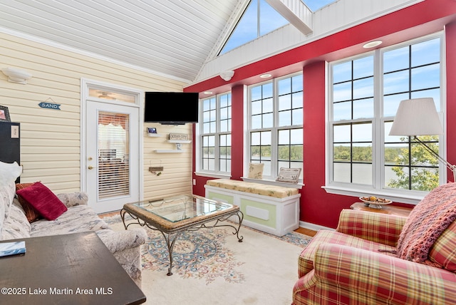 876 Ridge Rd, Dadeville, AL 36853 - living room featuring lofted ceiling, wood finished floors, wood walls, and wooden ceiling