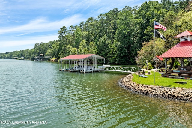876 Ridge Rd, Dadeville, AL 36853 - dock area featuring a gazebo, a water view, a lawn, a forest view, and boat lift