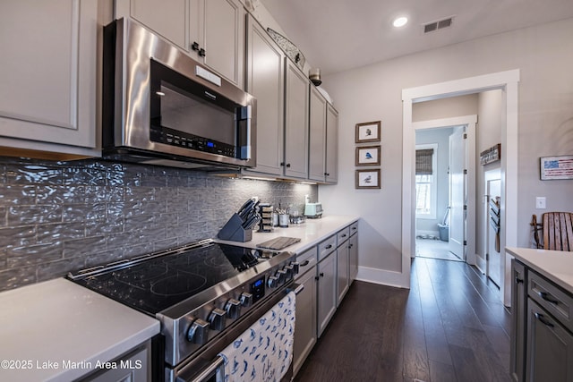 kitchen with tasteful backsplash, appliances with stainless steel finishes, dark hardwood / wood-style floors, and gray cabinetry