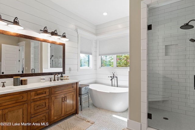 bathroom with tile patterned floors, wooden walls, and plus walk in shower