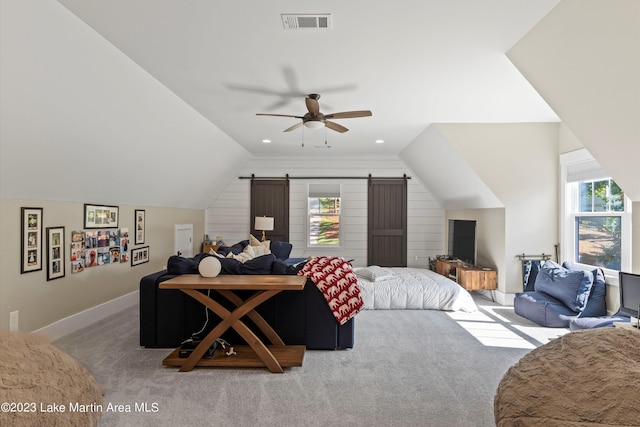 bedroom featuring carpet flooring, ceiling fan, and lofted ceiling