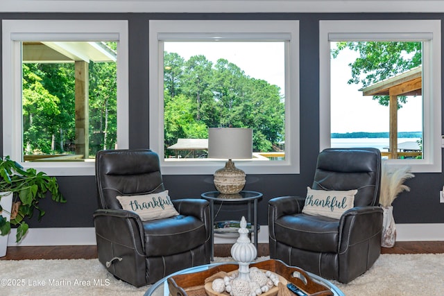 sitting room featuring a water view and hardwood / wood-style floors