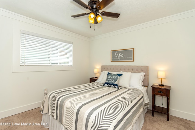 bedroom featuring light carpet and ceiling fan