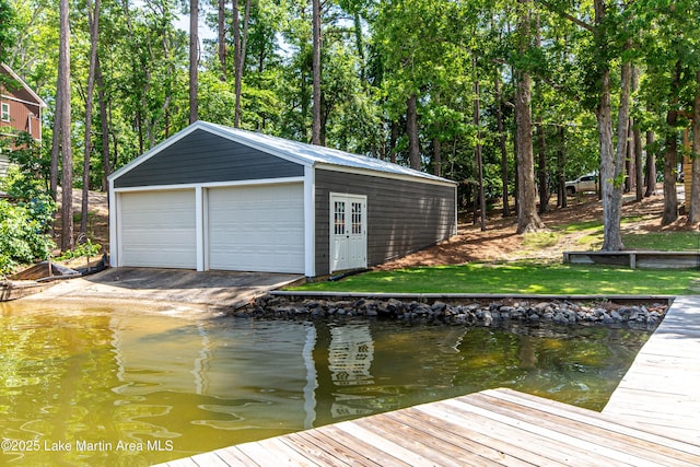 garage featuring a water view