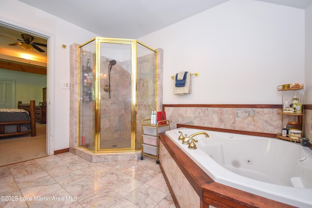 93 Restful Cv, Dadeville, AL 36853 - bathroom with a stall shower, a tub with jets, marble finish flooring, and a ceiling fan