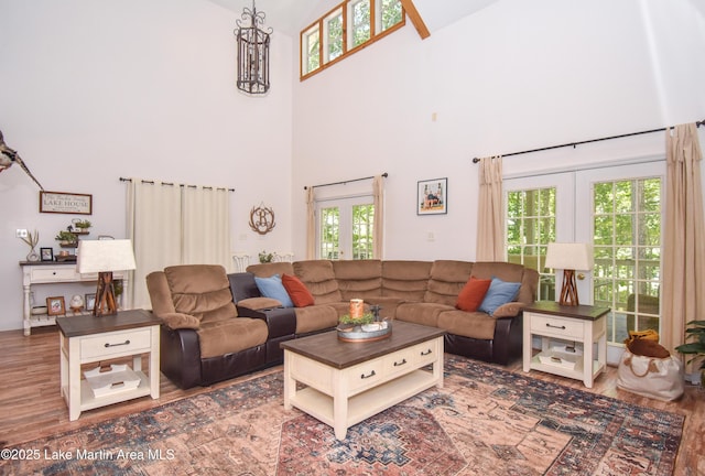 93 Restful Cv, Dadeville, AL 36853 - living room with wood finished floors, a high ceiling, and french doors