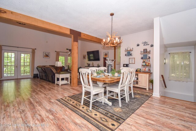 93 Restful Cv, Dadeville, AL 36853 - dining area with french doors, light wood-type flooring, and a chandelier