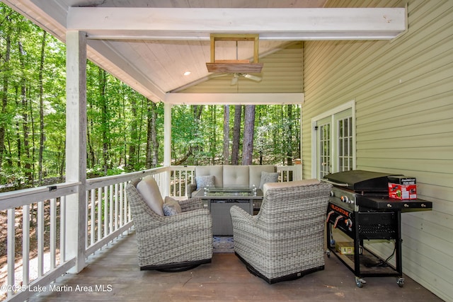 93 Restful Cv, Dadeville, AL 36853 - deck with ceiling fan, an outdoor hangout area, french doors, and grilling area