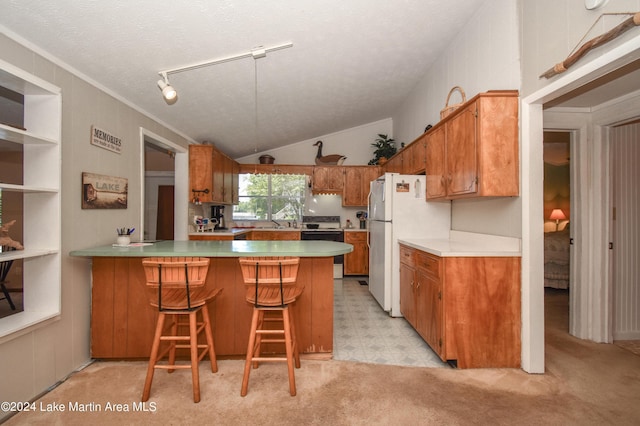 kitchen with a kitchen breakfast bar, kitchen peninsula, electric range, and lofted ceiling