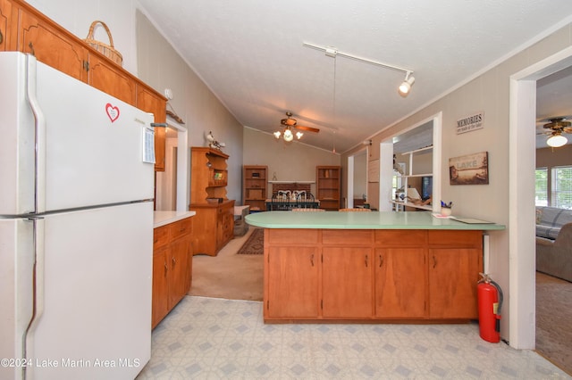 kitchen featuring kitchen peninsula, light colored carpet, ceiling fan, white fridge, and lofted ceiling