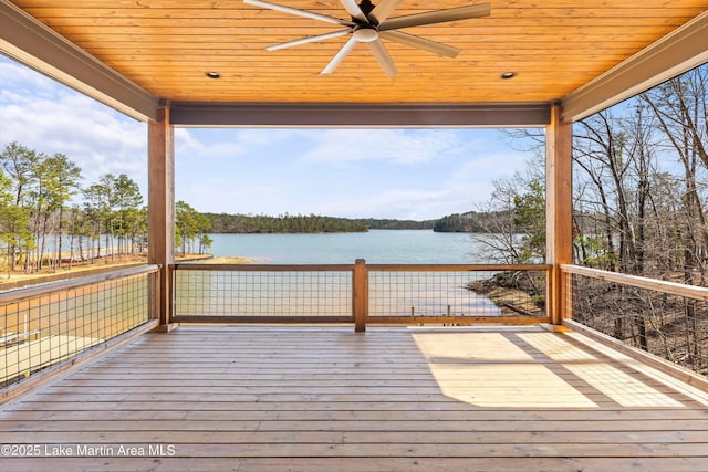 wooden terrace with a ceiling fan and a water view