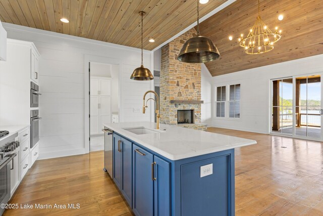 kitchen featuring wood ceiling, a wealth of natural light, hanging light fixtures, and stainless steel appliances