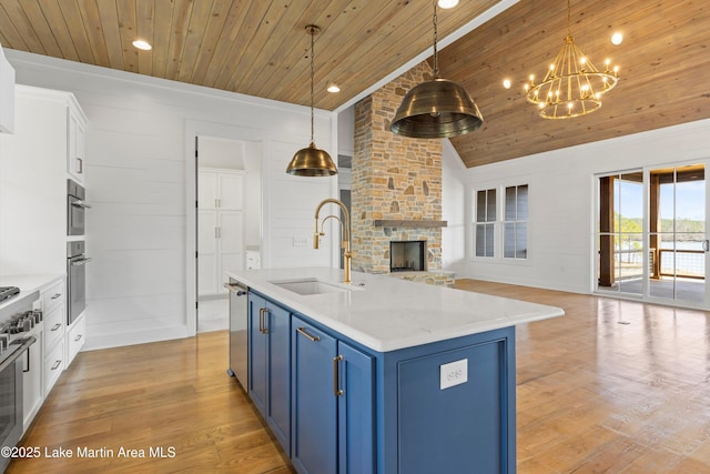 kitchen featuring open floor plan, blue cabinetry, wooden ceiling, and a sink