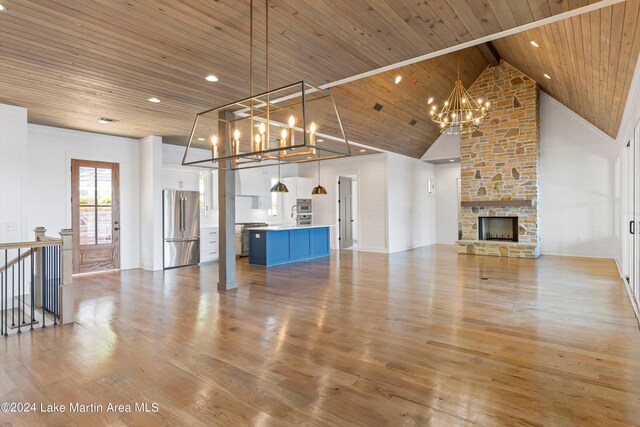 unfurnished living room featuring sink, a stone fireplace, high vaulted ceiling, wood ceiling, and light wood-type flooring