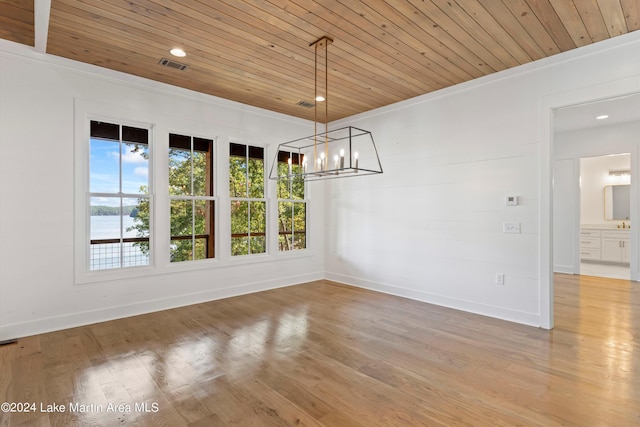 unfurnished dining area with light hardwood / wood-style floors, crown molding, and wood ceiling