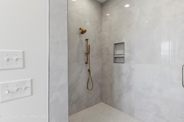 bathroom with a tile shower and mail area