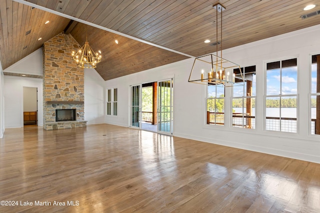 unfurnished living room featuring wood-type flooring, high vaulted ceiling, a stone fireplace, and wooden ceiling