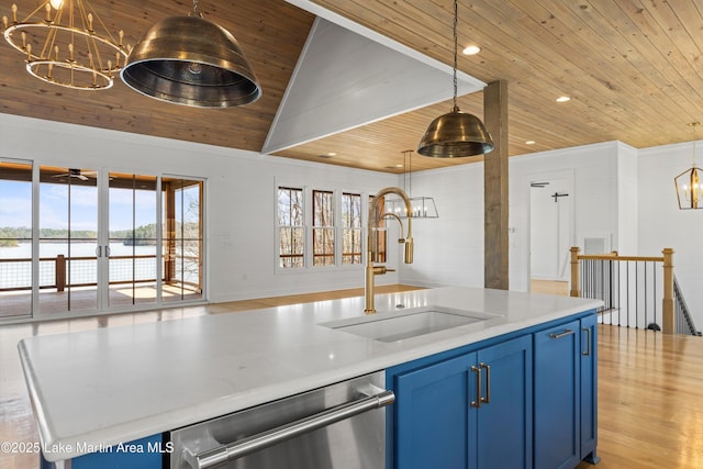 kitchen with dishwasher, wooden ceiling, an inviting chandelier, blue cabinets, and a sink