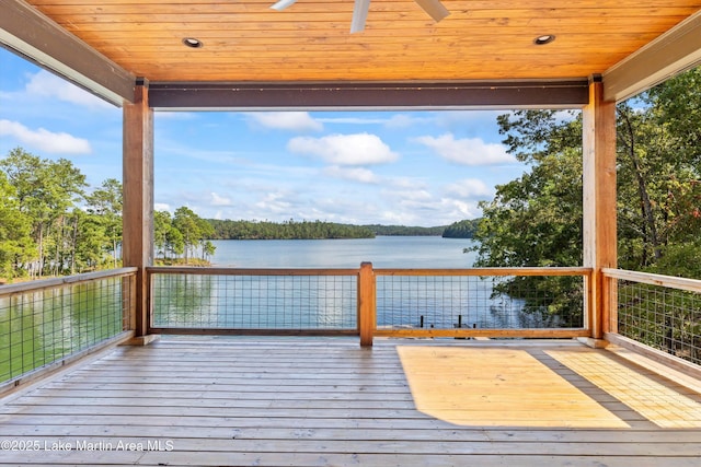 deck featuring a water view