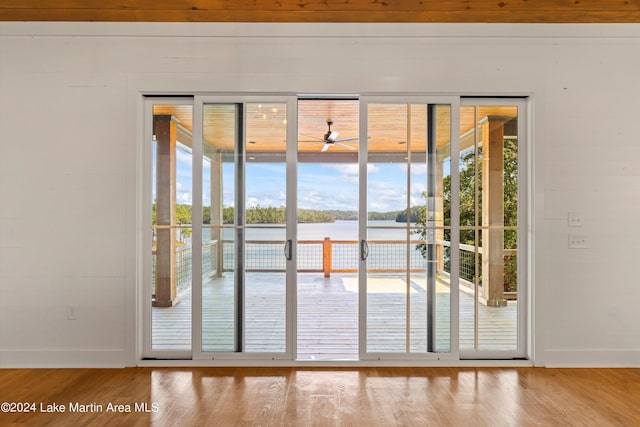 doorway to outside with light hardwood / wood-style floors, a water view, and a wealth of natural light