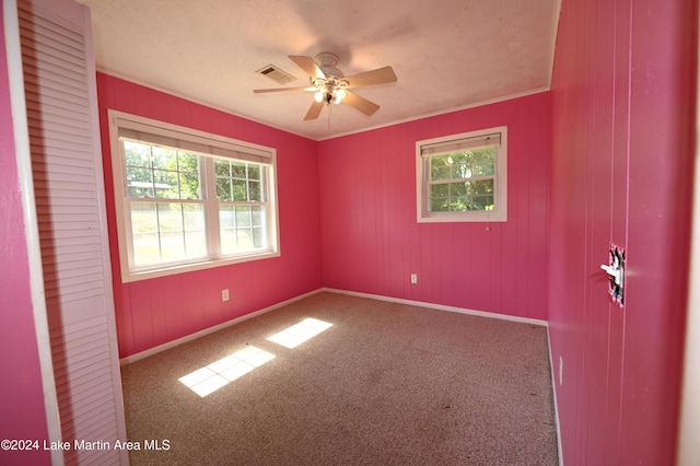 carpeted spare room with ceiling fan and ornamental molding