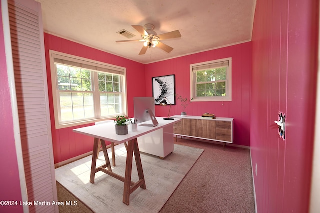 office space featuring ceiling fan, light colored carpet, ornamental molding, and a wealth of natural light