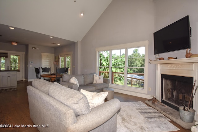 living room with dark hardwood / wood-style flooring and high vaulted ceiling