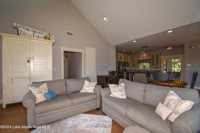 living room with wood-type flooring, high vaulted ceiling, and sink