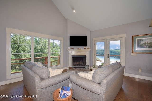 living room featuring french doors, dark hardwood / wood-style floors, high vaulted ceiling, and a healthy amount of sunlight