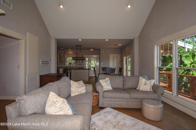 living room with plenty of natural light, high vaulted ceiling, and dark wood-type flooring