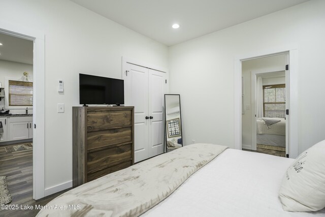 441 Cove Dr, Eclectic, AL 36024 - bedroom with a closet, recessed lighting, wood finished floors, a sink, and baseboards