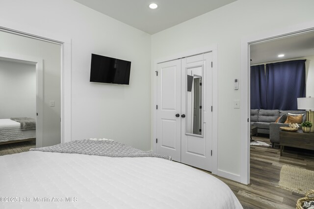 441 Cove Dr, Eclectic, AL 36024 - bedroom with wood finished floors, a closet, baseboards, and recessed lighting