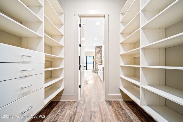 spacious closet with dark wood-type flooring