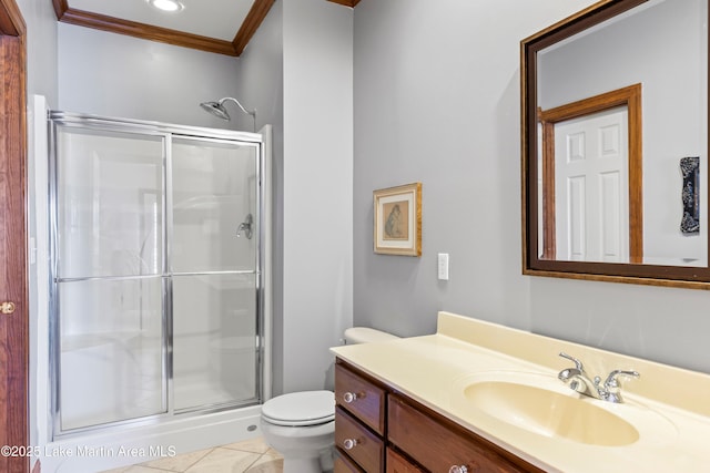 full bath featuring toilet, ornamental molding, tile patterned flooring, vanity, and a shower stall