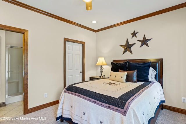 bedroom with recessed lighting, crown molding, and baseboards