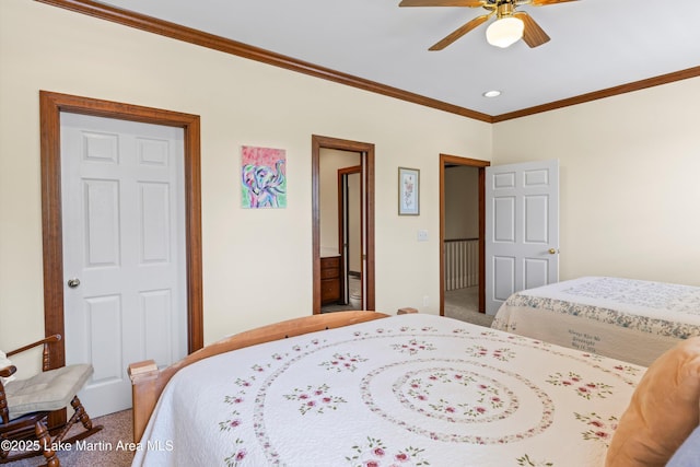 bedroom with light carpet, ornamental molding, and a ceiling fan