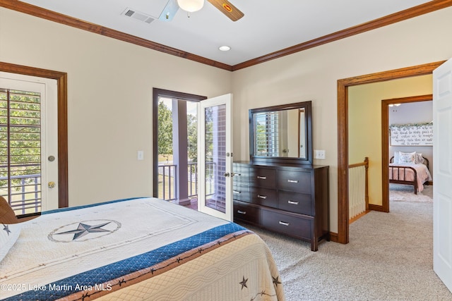 bedroom featuring access to exterior, visible vents, ornamental molding, and light carpet