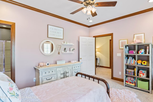 bedroom featuring ornamental molding, carpet flooring, a ceiling fan, and baseboards