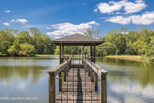 view of dock featuring a water view and a gazebo