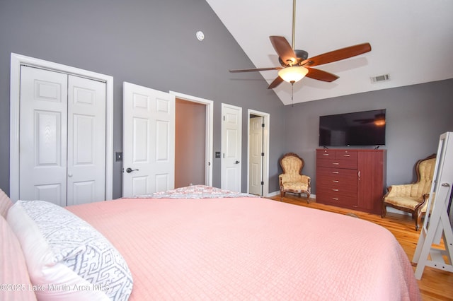 128 River Ridge Rd Unit B3, Alexander City, AL 35010 - bedroom with wood finished floors, a closet, high vaulted ceiling, and ceiling fan