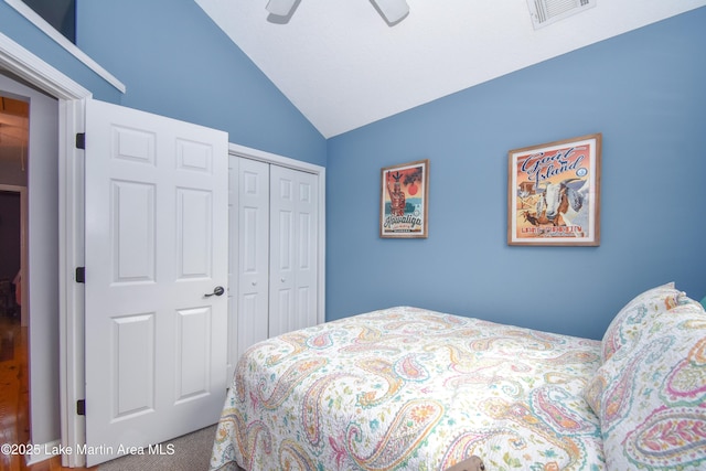 128 River Ridge Rd Unit B3, Alexander City, AL 35010 - bedroom with vaulted ceiling, a closet, carpet floors, and ceiling fan