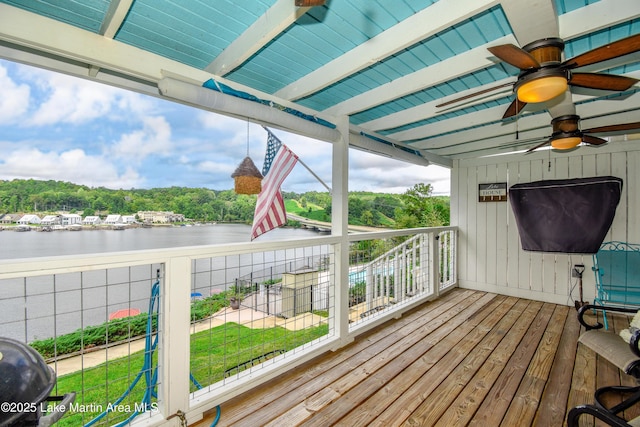 128 River Ridge Rd Unit B3, Alexander City, AL 35010 - wooden deck featuring a water view and ceiling fan
