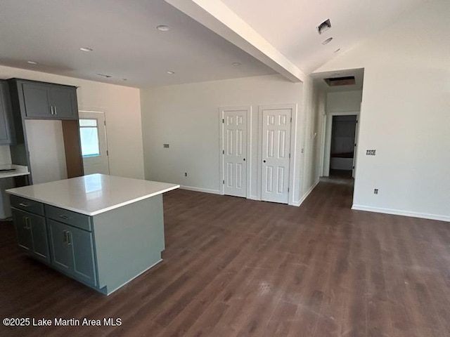 198 Mccain Rd, Eclectic, AL 36024 - kitchen featuring dark wood-type flooring, light countertops, a kitchen island, gray cabinets, and open floor plan