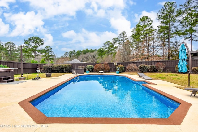 view of pool featuring a fenced in pool, a fenced backyard, and a patio area